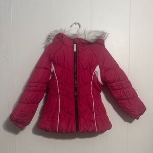 London Fog Fuscua Pink and White Puffer Jacket with Faux Fur Hood M 5-6